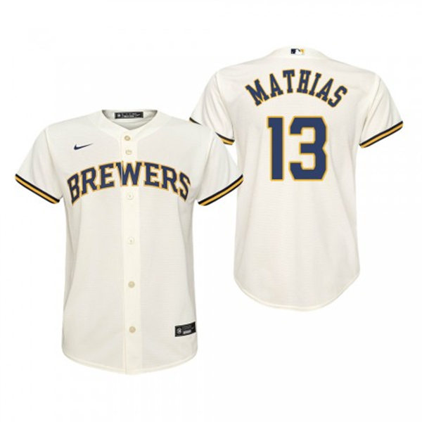 Youth Milwaukee Brewers #13 Mark Mathias Cream Home Jersey