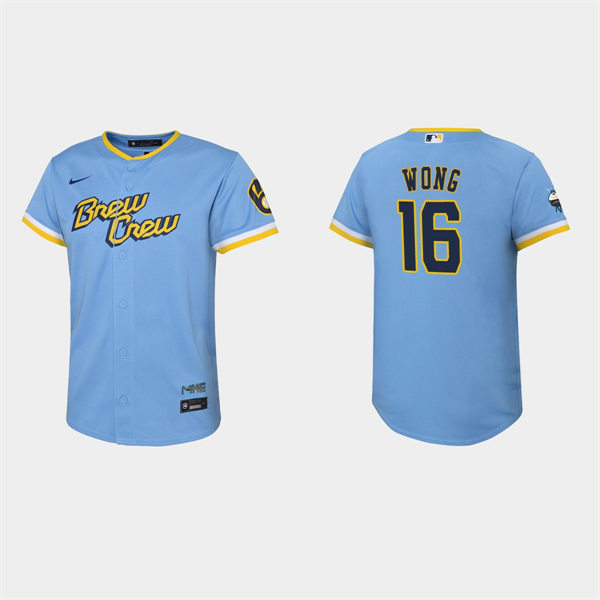 Youth Milwaukee Brewers #16 Kolten Wong Powder Blue 2022 Stitched City Connect Jersey