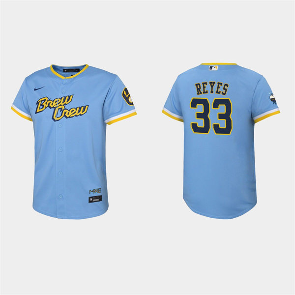 Youth Milwaukee Brewers #33 Pablo Reyes Powder Blue 2022 Stitched City Connect Jersey