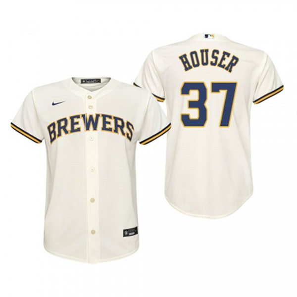 Youth Milwaukee Brewers #37 Adrian Houser Cream Home Jersey
