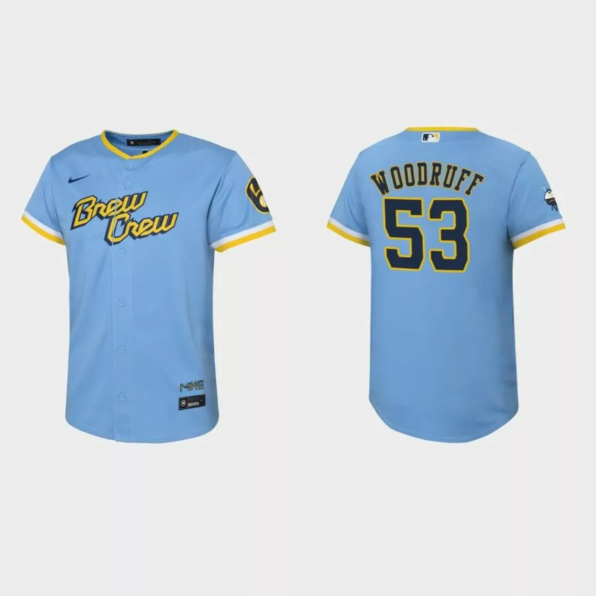 Youth Milwaukee Brewers Brandon Woodruff Powder Blue 2022 City Connect Replica Jersey