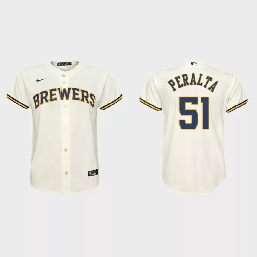 Youth Milwaukee Brewers Freddy Peralta Cream Replica Home Jersey