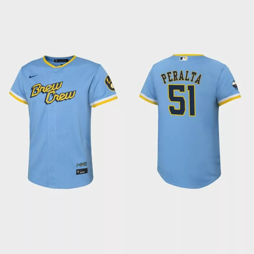 Youth Milwaukee Brewers Freddy Peralta Powder Blue 2022 City Connect Replica Jersey