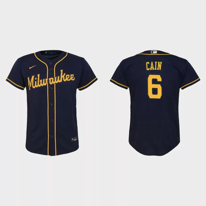 Youth Milwaukee Brewers Lorenzo Cain Navy Replica Jersey