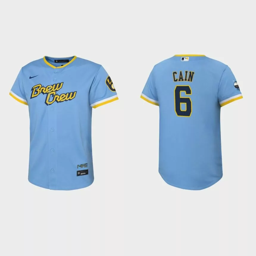 Youth Milwaukee Brewers Lorenzo Cain Powder Blue 2022 City Connect Replica Jersey
