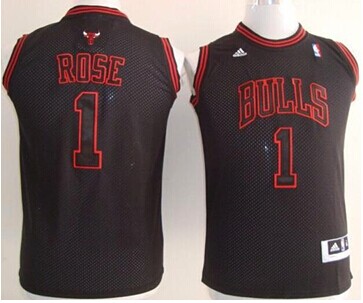Youth NBA Bulls #1 Derrick Rose Black With Red No. Stitched Jersey