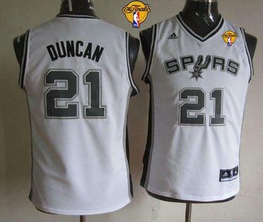 Youth NBA San Antonio Spurs #21 Tim Duncan White With Finals Patch Stitched NBA Jersey