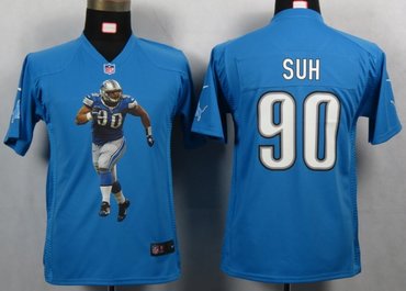 Youth NEW NFL Detroit Lions 90 Suh Blue Portrait Fashion Game Jerseys