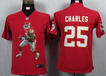 NFL Youth NEW Kansas City Chiefs 25 Charles Red Portrait Fashion Game Jerseys