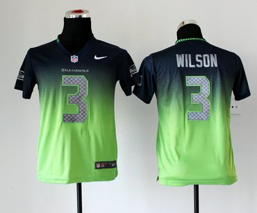 Youth NEW Seattle Seahawks 3 Russell Wilson Drift Fashion Jerseys(Blue-Green)