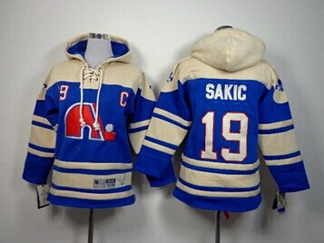 Youth NHL Nordiques #19 Joe Sakic Blue Sawyer Hooded Sweatshirt Jersey