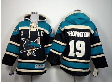Youth NHL Sharks #19 Joe Thornton Black Sawyer Hooded Sweatshirt Jersey