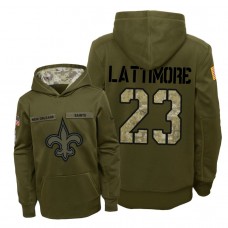 Youth New Orleans Saints #23 Marshon Lattimore Olive Hoodie 2018 Salute To Service