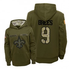 Youth New Orleans Saints #9 Drew Brees Olive Hoodie 2018 Salute To Service
