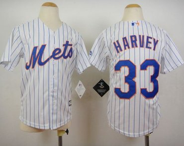Youth New York Mets #33 Matt Harvey White(Blue Strip) Home Cool Base Stitched Baseball Jersey