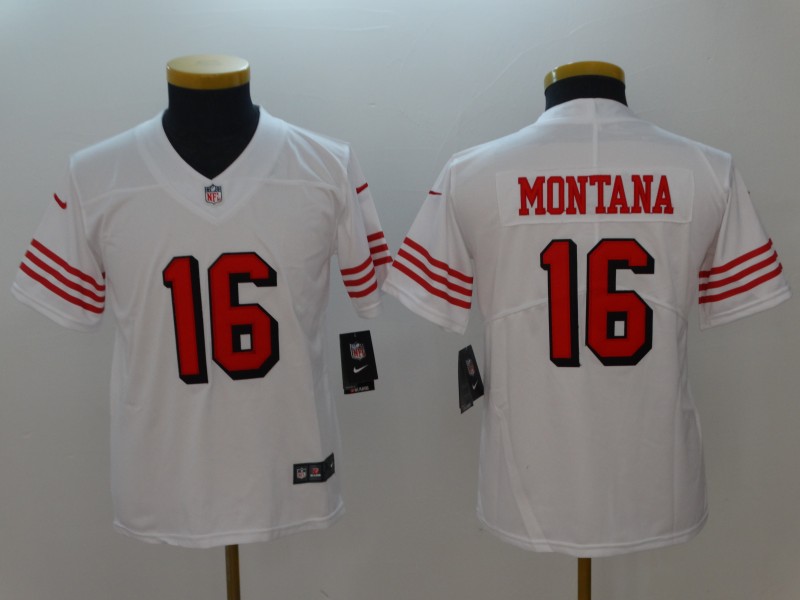 Youth Nike 49ers 16 Joe Montana White Youth Color Rush Vapor Untouchable Limited Jersey