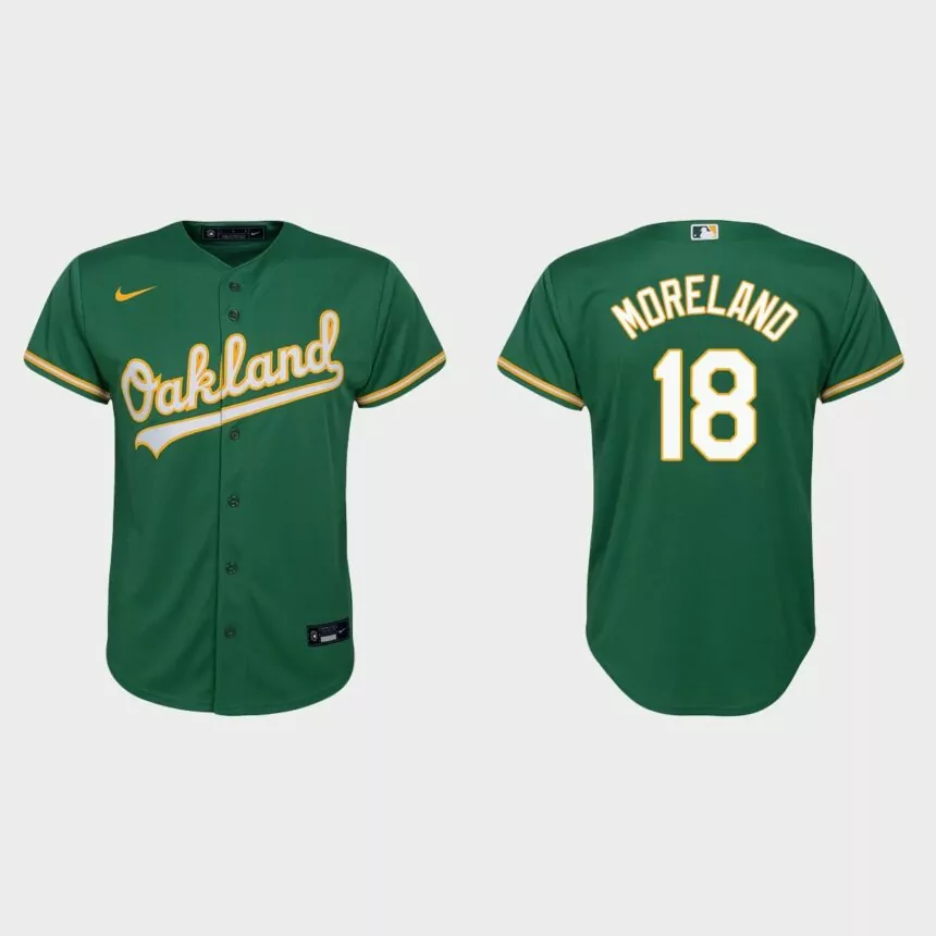 Youth Oakland Athletics #18 Mitch Moreland Kelly Green Replica Alternate Jersey
