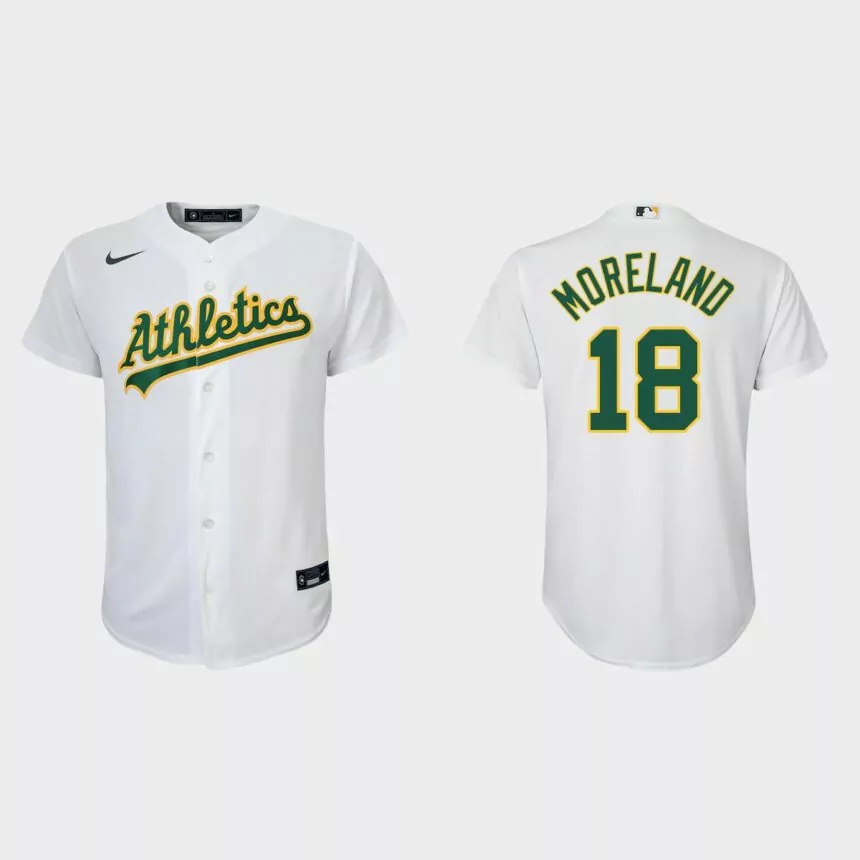 Youth Oakland Athletics #18 Mitch Moreland White Replica Home Jersey