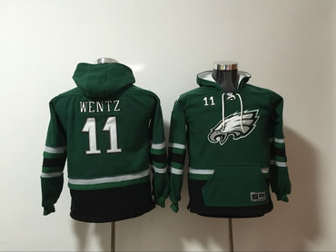 Youth Philadelphia Eagles 11 Carson Wentz Green Youth All Stitched Hooded Sweatshirt