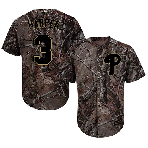 Youth Phillies #3 Bryce Harper Camo Realtree Collection Cool Base Stitched Youth Baseball Jersey