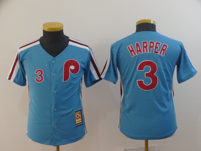 Youth Phillies 3 Bryce Harper Light Blue Youth Cool Base Cooperstown Jersey