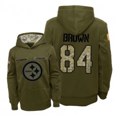Youth Pittsburgh Steelers #84 Antonio Brown Olive Hoodie 2018 Salute To Service