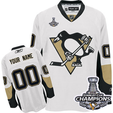 Youth Reebok Pittsburgh Penguins Customized Authentic White Away 2016 Stanley Cup Champions NHL Jersey