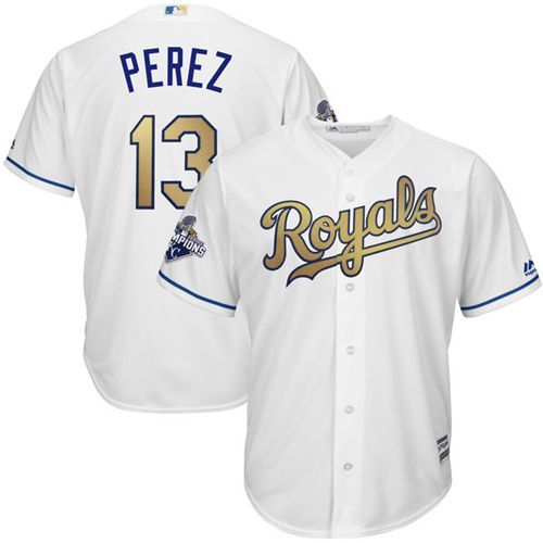 Youth Royals #13 Salvador Perez White 2015 World Series Champions Gold Program Cool Base Stitched MLB Jersey