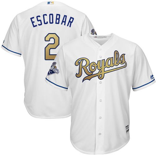 Youth Royals #2 Alcides Escobar White 2015 World Series Champions Gold Program Cool Base Stitched MLB Jersey