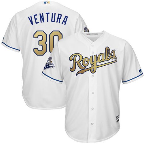 Youth Royals #30 Yordano Ventura White 2015 World Series Champions Gold Program Cool Base Stitched MLB Jersey