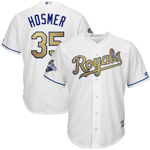 Youth Royals #35 Eric Hosmer White 2015 World Series Champions Gold Program Cool Base Stitched MLB Jersey
