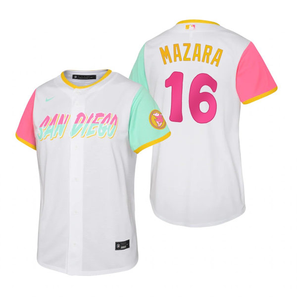 Youth San Diego Padres #16 Nomar Mazara White Stitched 2022 City Connect Jersey