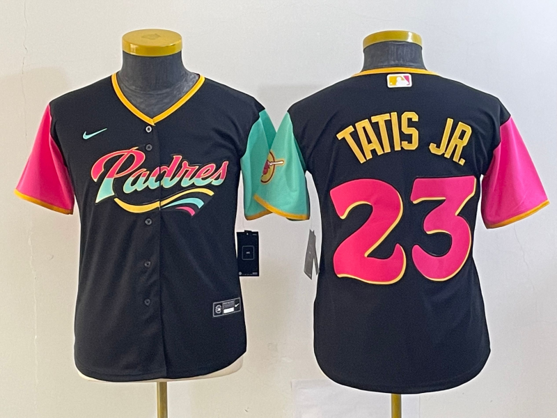 Youth San Diego Padres #23 Fernando Tatis Jr Black 2022 City Connect Cool Base Stitched Jersey的副本