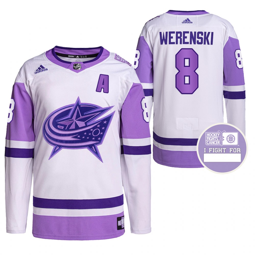 Zach Werenski Blue Jackets Hockey Fights Cancer Jersey Purple White Authentic Pro