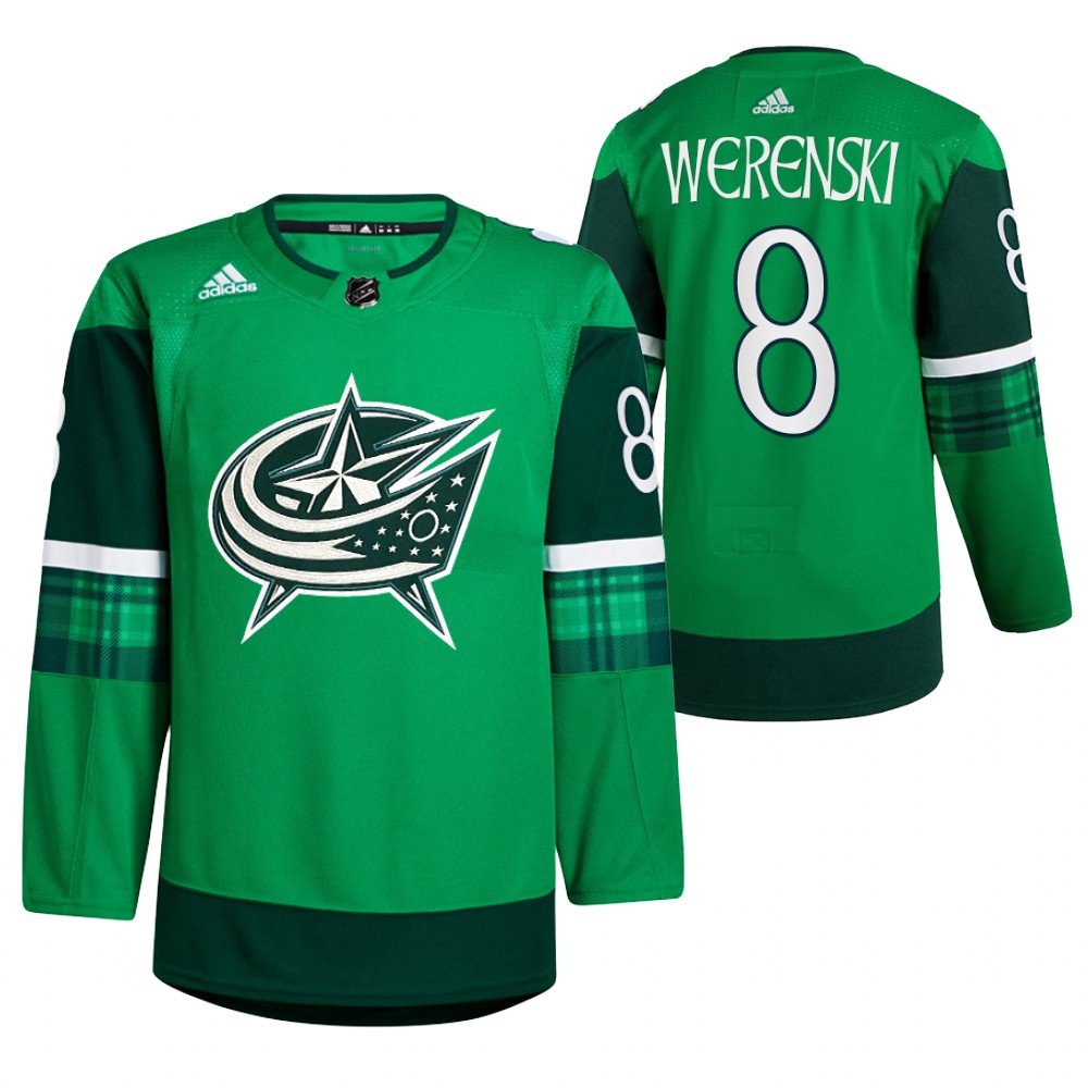 Zach Werenski St. Patricks Day Blue Jackets Green #8 Jersey