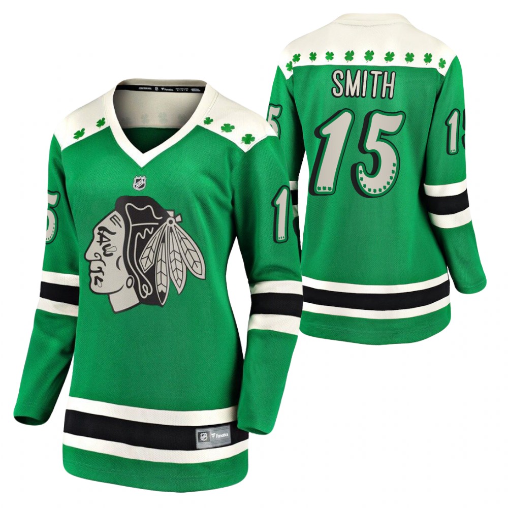 Zack Smith #15 Blackhawks 2021 St. Patrick's Day Women Jersey Green