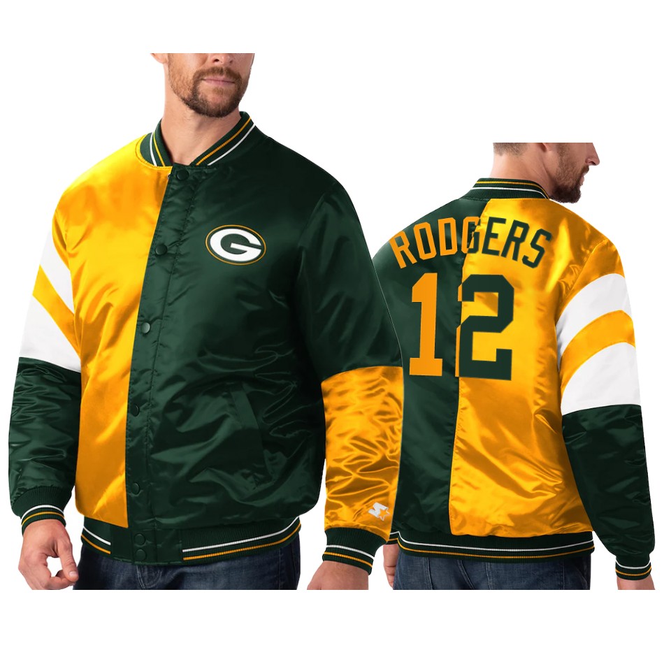 aaron rodgers packers green gold split leader varsity jacket