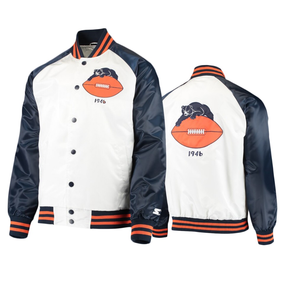 bears white navy clean up throwback varsity jacket