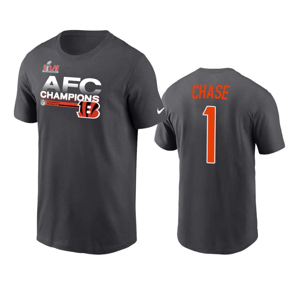 bengals ja'marr chase anthracite 2021 afc champions locker room trophy t shirt