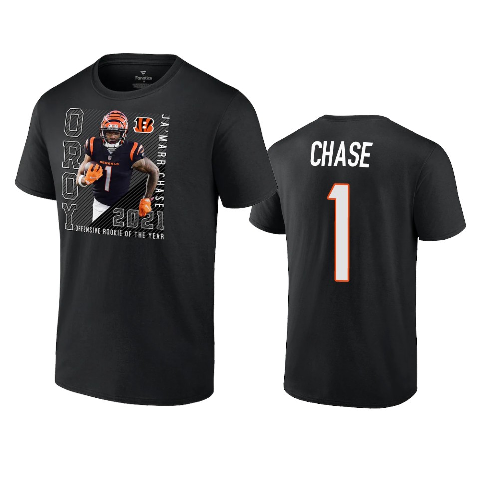 bengals ja'marr chase black 2021 nfl offensive rookie of the year t shirt