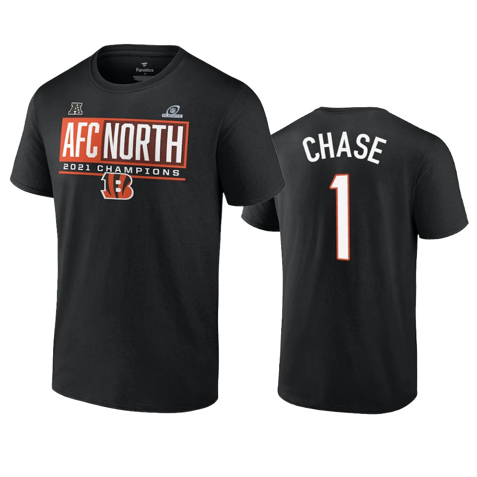 bengals ja'marr chase charcoal 2021 afc north division champions blocked favorite t shirt 1