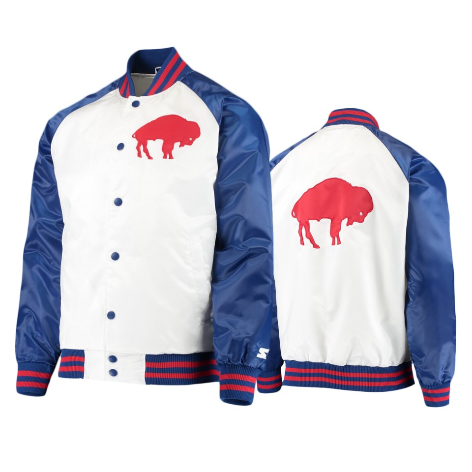 bills white royal clean up throwback varsity jacket