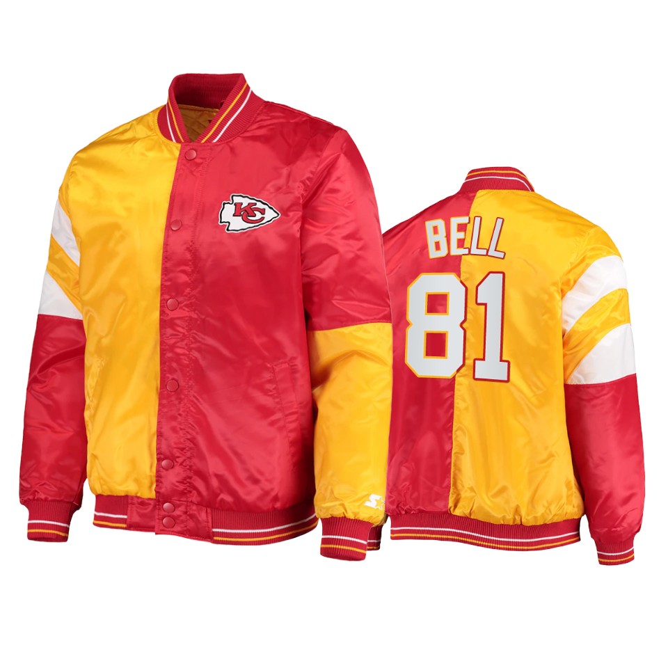 blake bell chiefs red yellow split leader varsity jacket