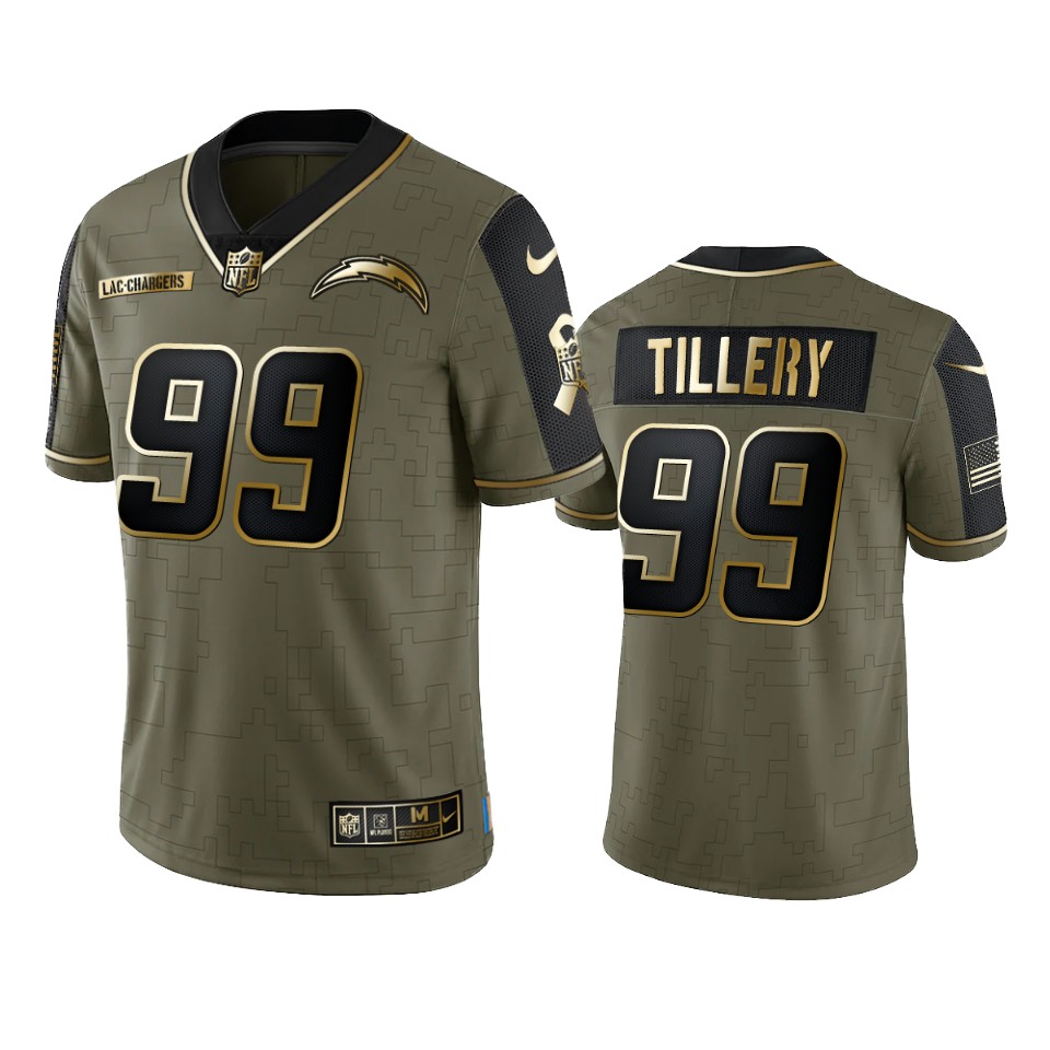 chargers jerry tillery olive gold limited 2021 salute to service jersey