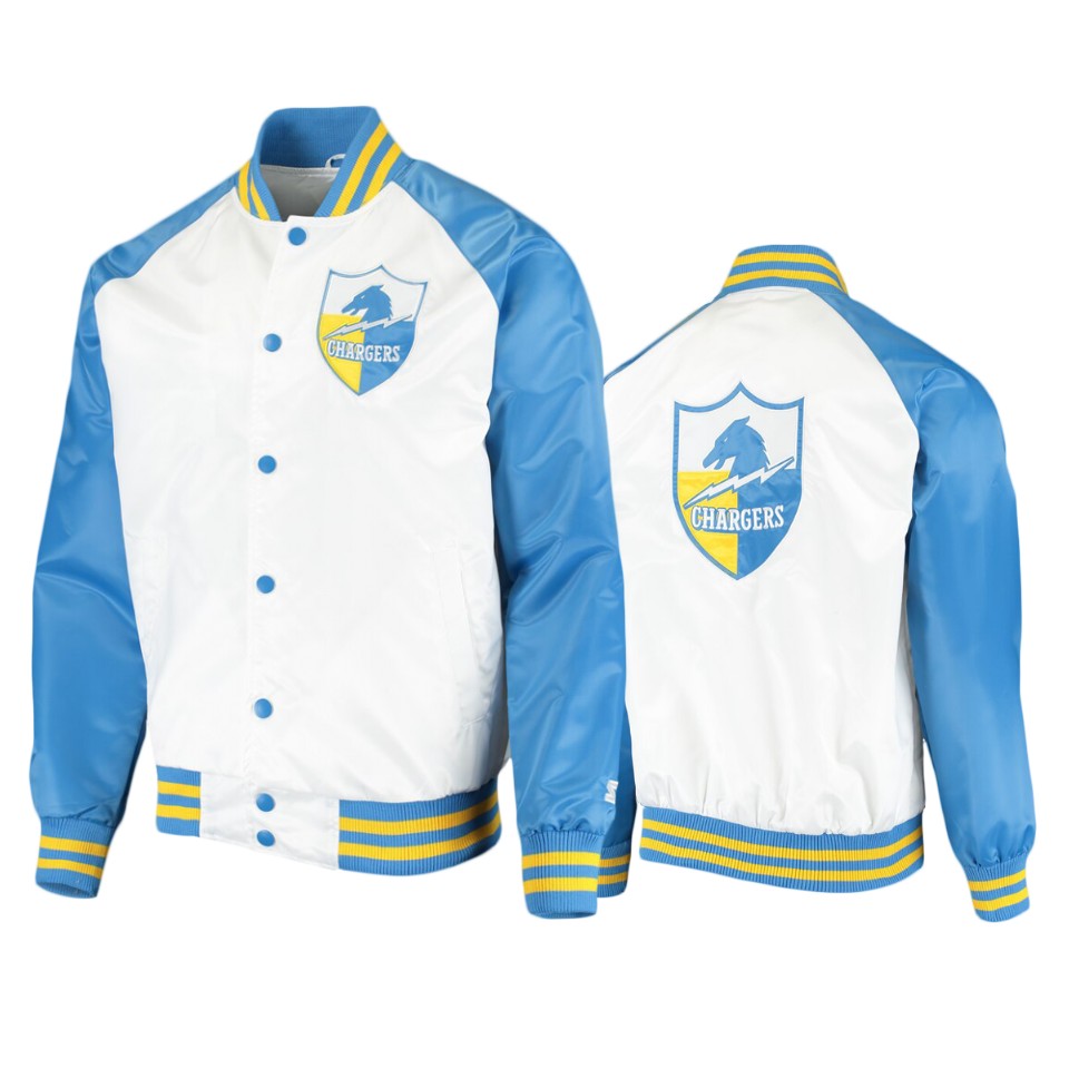chargers white powder blue clean up throwback varsity jacket