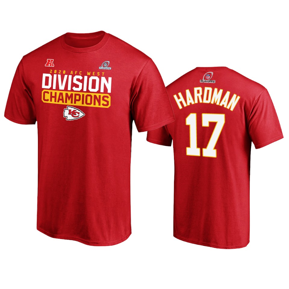chiefs mecole hardman red 2020 afc west division champions t shirt