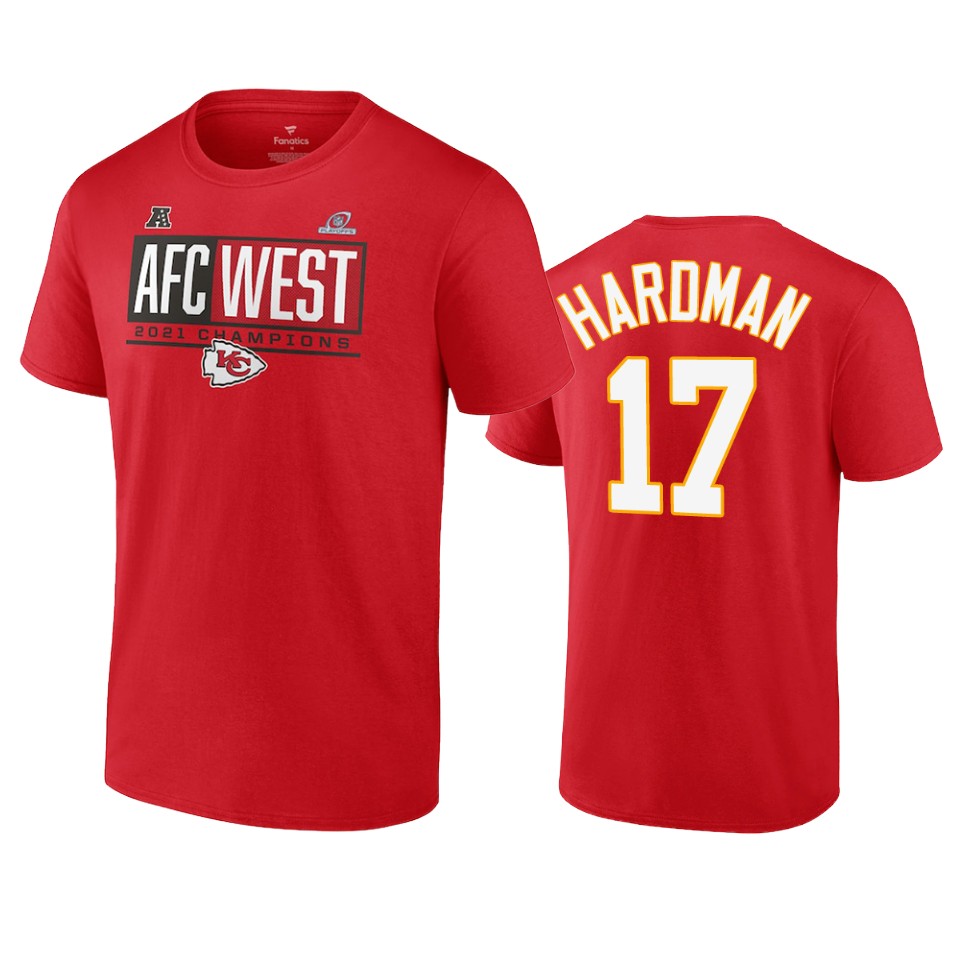 chiefs mecole hardman red 2021 afc west division champions blocked favorite t shirt