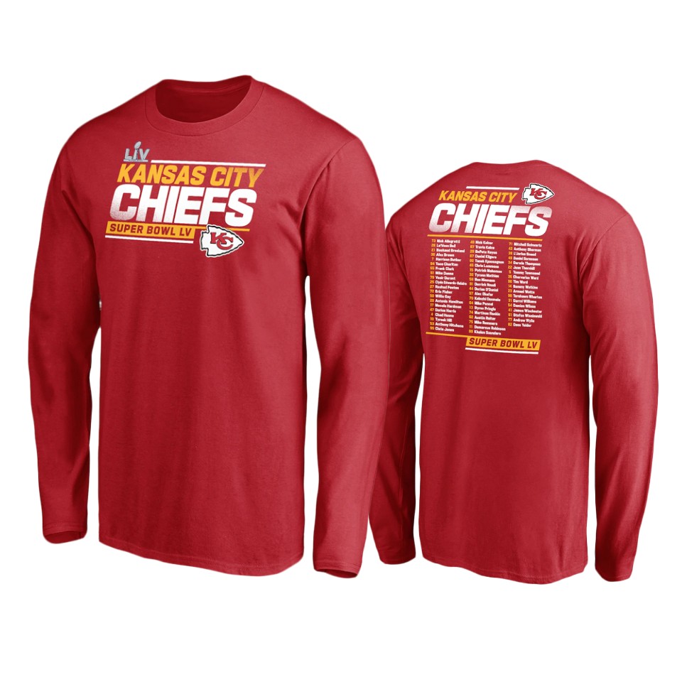chiefs red super bowl lv play action roster long sleeve t shirt