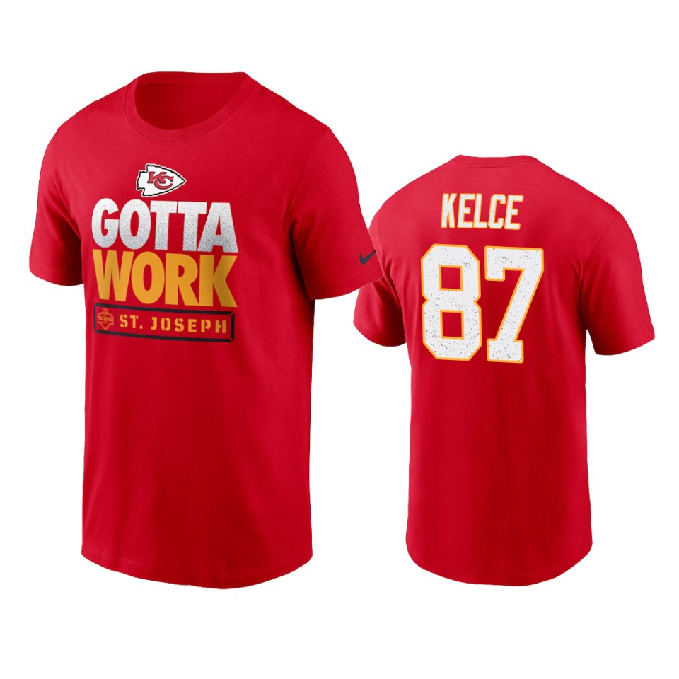 chiefs travis kelce red 2021 nfl training camp gotta work t shirt