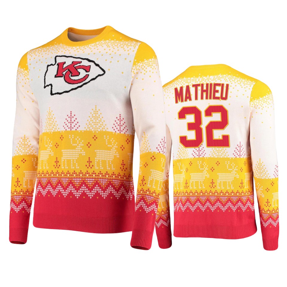 chiefs tyrann mathieu white 2021 christmas gift big logo sweater